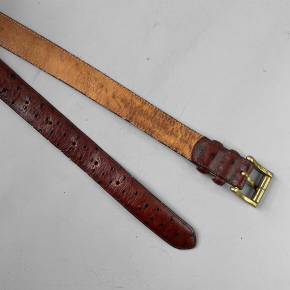 Vintage 80s Norma Kamali Signed Ostrich Belt Genuine Leather Brass Buckle Jeans - Picture 5 of 8